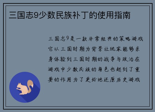 三国志9少数民族补丁的使用指南